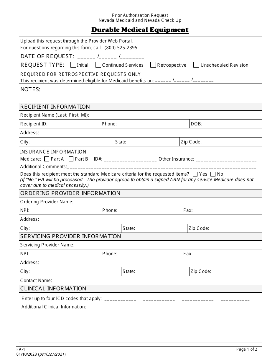 Form FA-1 Prior Authorization Request - Durable Medical Equipment - Nevada, Page 1