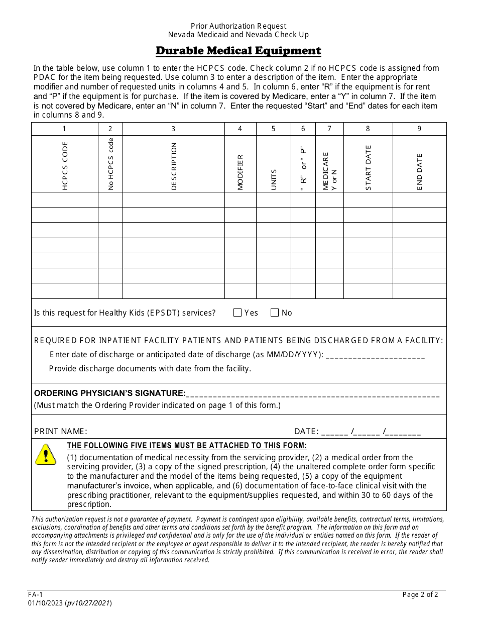Form FA-1 Prior Authorization Request - Durable Medical Equipment - Nevada, Page 2
