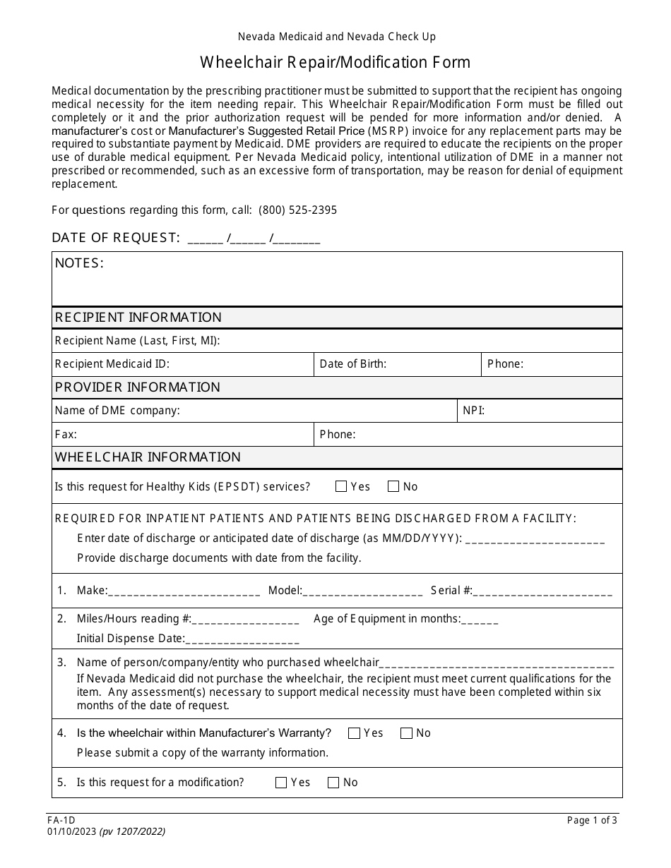 Form FA-1D Wheelchair Repair / Modification Form - Nevada, Page 1