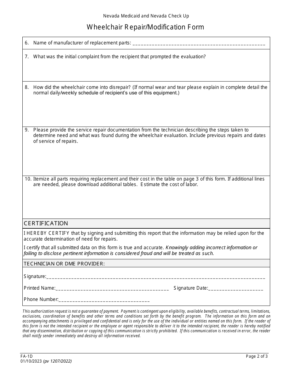 Form FA-1D Wheelchair Repair / Modification Form - Nevada, Page 2