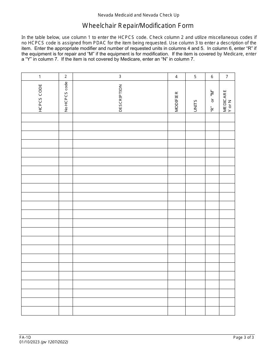 Form FA-1D Wheelchair Repair / Modification Form - Nevada, Page 3