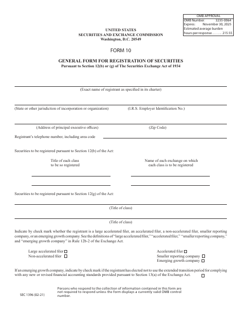 Form 10 (SEC Form 1396) General Form for Registration of Securities