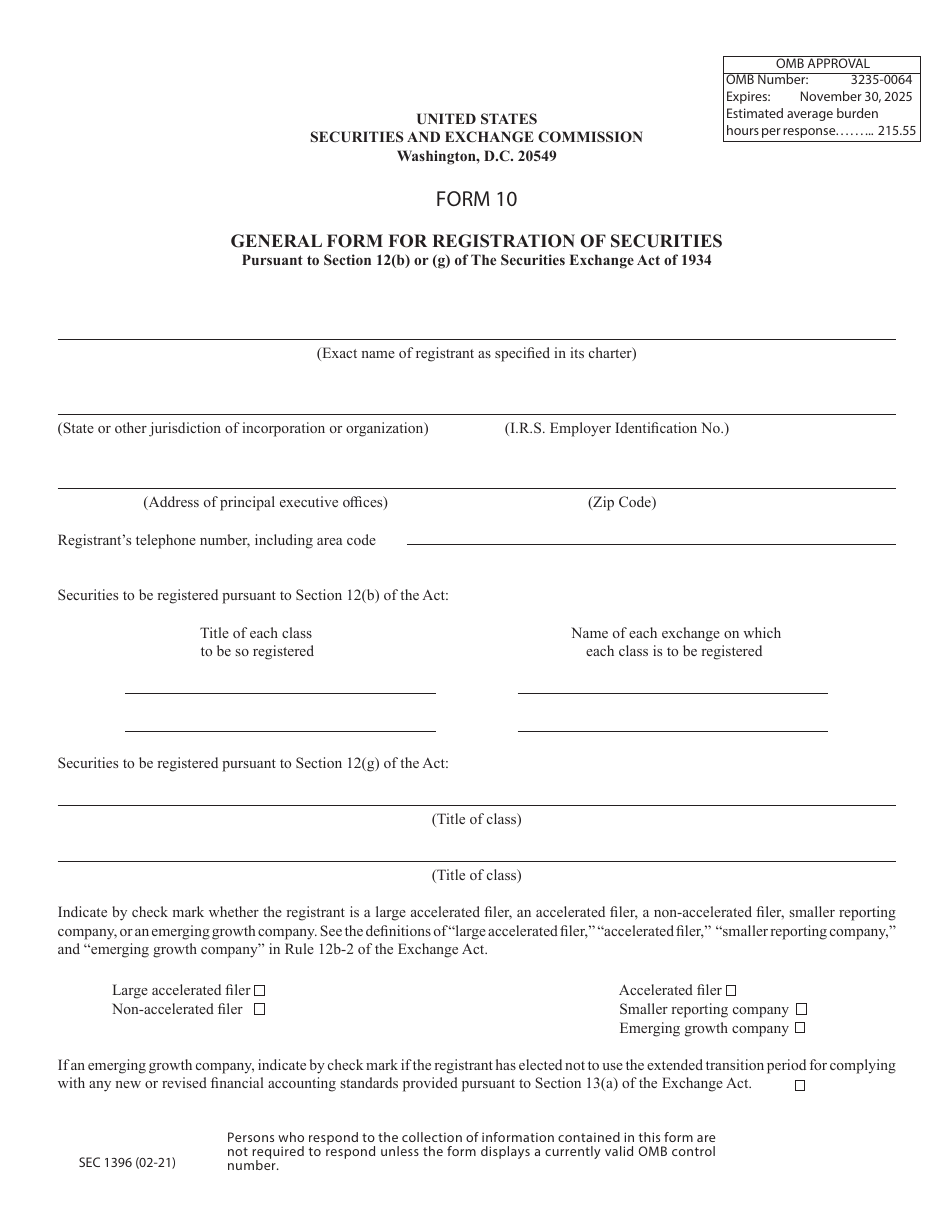Form 10 (SEC Form 1396) General Form for Registration of Securities, Page 1