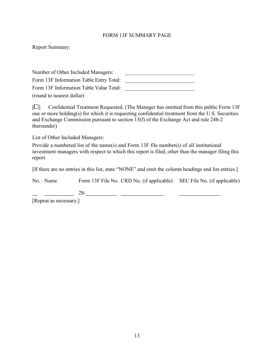 Form 13F (SEC Form 1685) Information Required of Institutional Investment Managers Pursuant to Section 13(F) of the Securities Exchange Act of 1934 and Rules Thereunder, Page 13