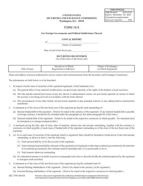 Form 18-K (SEC Form 1797)  Printable Pdf