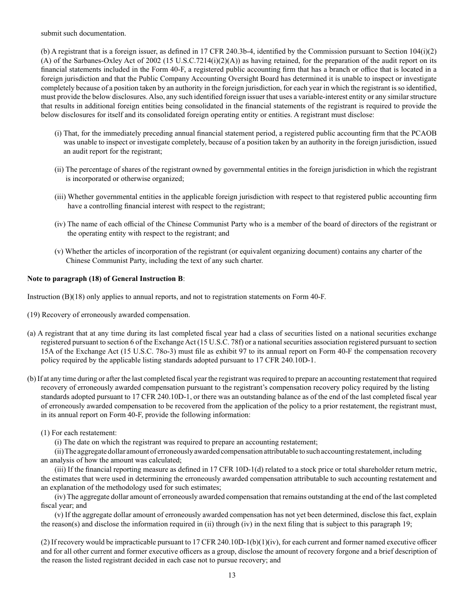 Form 40-F (SEC Form 2285) Registration Statement Pursuant to Section 12 or Annual Report Pursuant to Section 13(A) or 15(D), Page 13