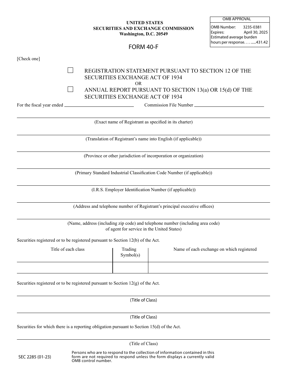Form 40-F (SEC Form 2285) Registration Statement Pursuant to Section 12 or Annual Report Pursuant to Section 13(A) or 15(D), Page 1
