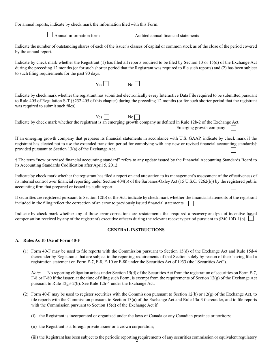 Form 40-F (SEC Form 2285) Registration Statement Pursuant to Section 12 or Annual Report Pursuant to Section 13(A) or 15(D), Page 2
