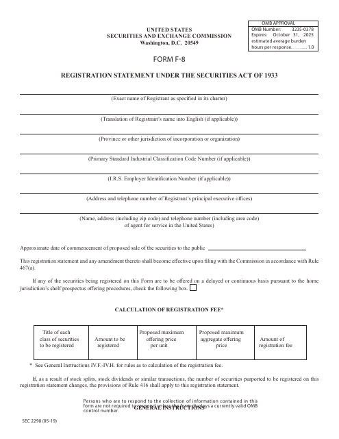 Form F-8 (SEC Form 2290)  Printable Pdf