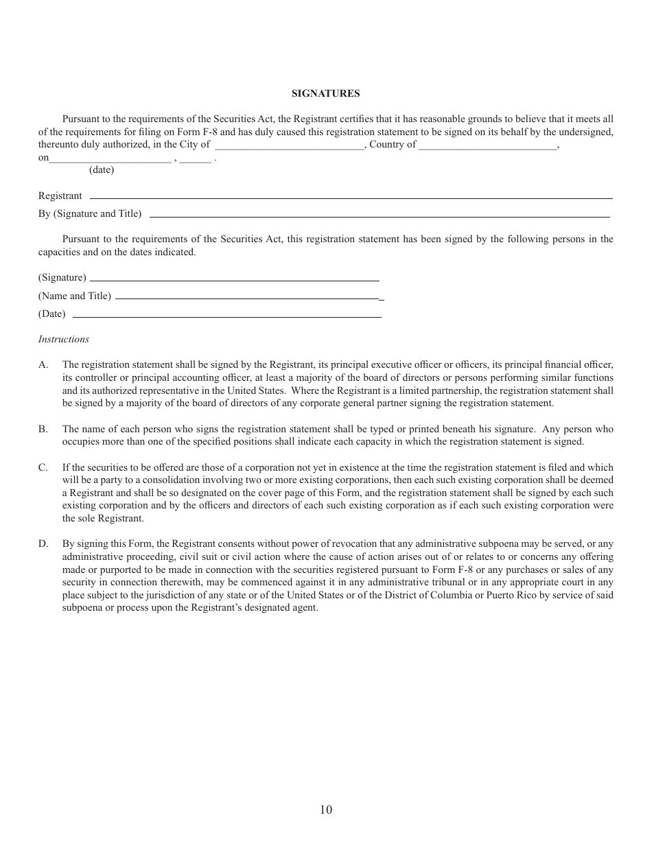 Form F-8 (SEC Form 2290) Registration Statement Under the Securities Act of 1933, Page 10
