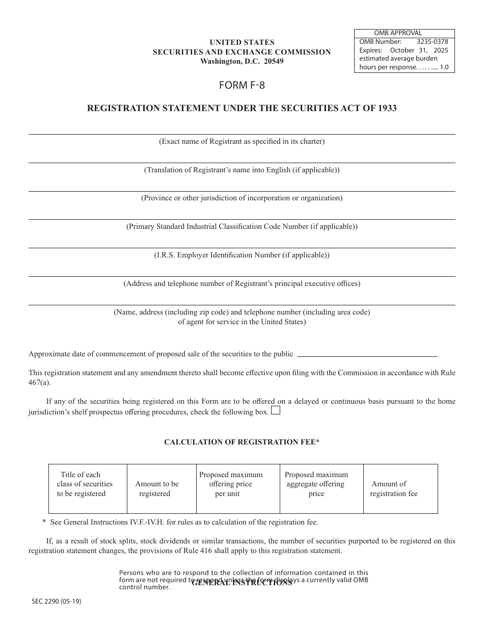 Form F-8 (SEC Form 2290) Registration Statement Under the Securities Act of 1933, Page 1