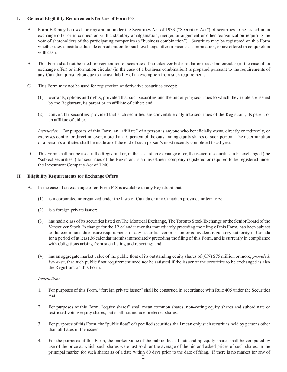Form F-8 (SEC Form 2290) Registration Statement Under the Securities Act of 1933, Page 2