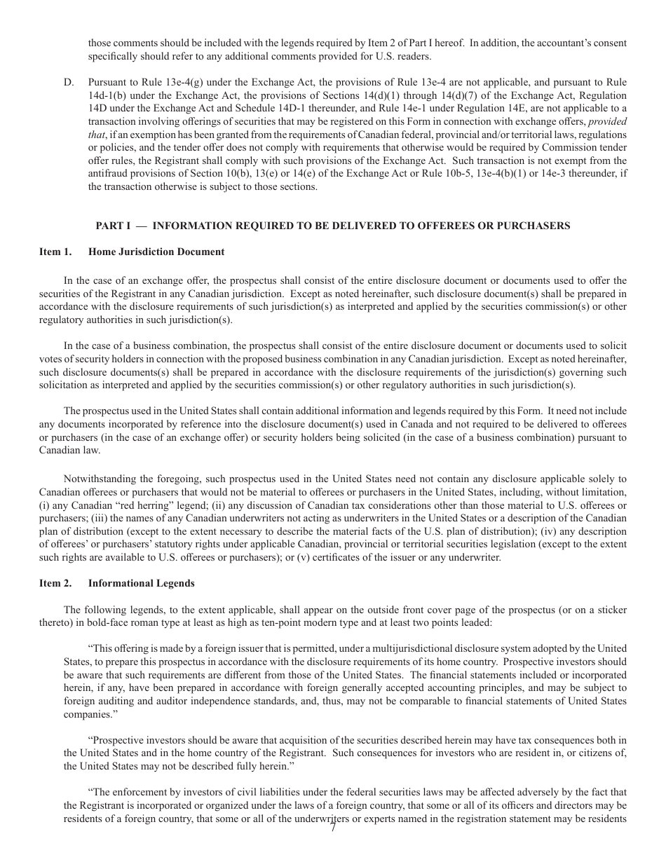 Form F-8 (SEC Form 2290) Registration Statement Under the Securities Act of 1933, Page 7