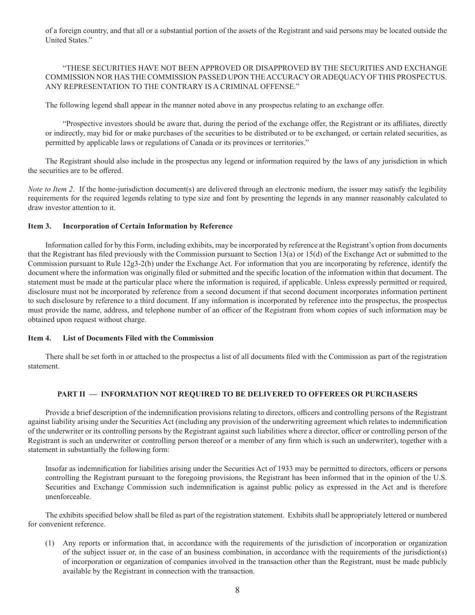Form F-8 (SEC Form 2290) Registration Statement Under the Securities Act of 1933, Page 8
