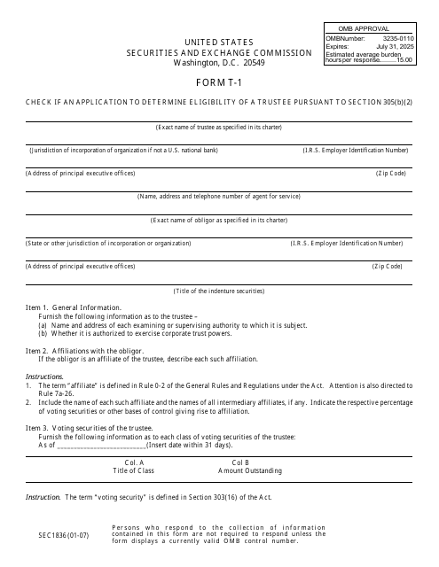 Form T-1 (SEC Form 1836)  Printable Pdf