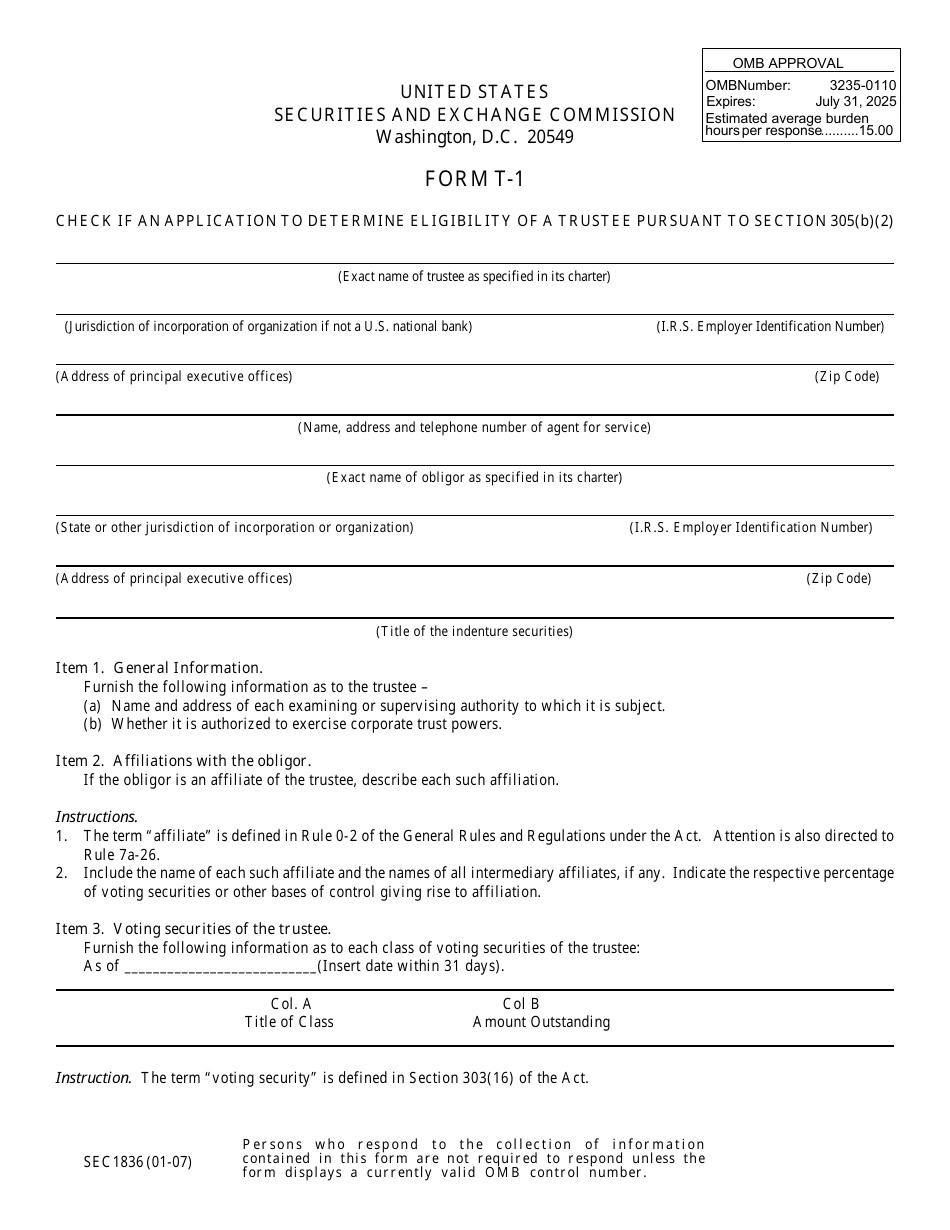 Form T1 (SEC Form 1836) Fill Out, Sign Online and Download Printable