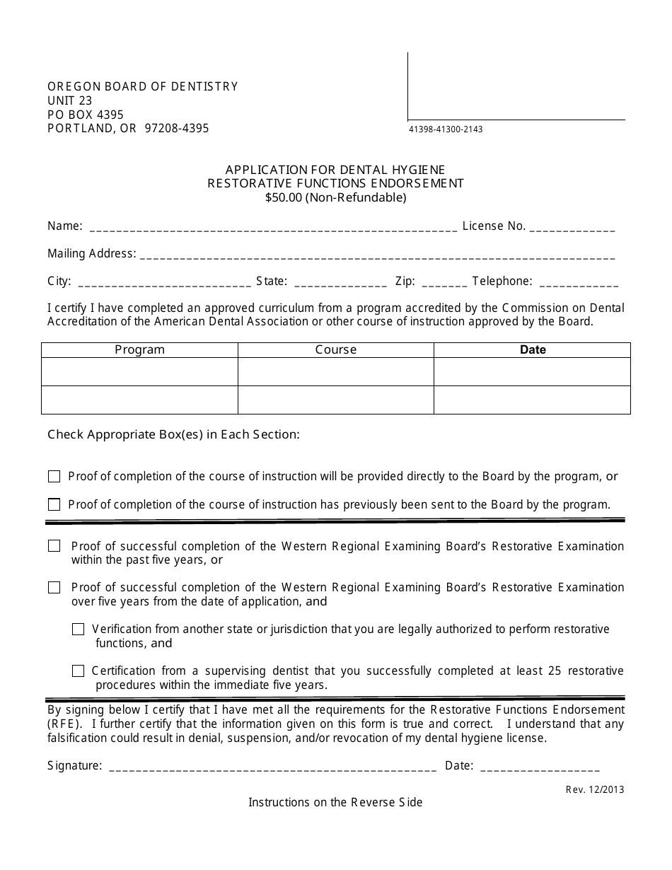 Oregon Application for Dental Hygiene Restorative Functions Endorsement