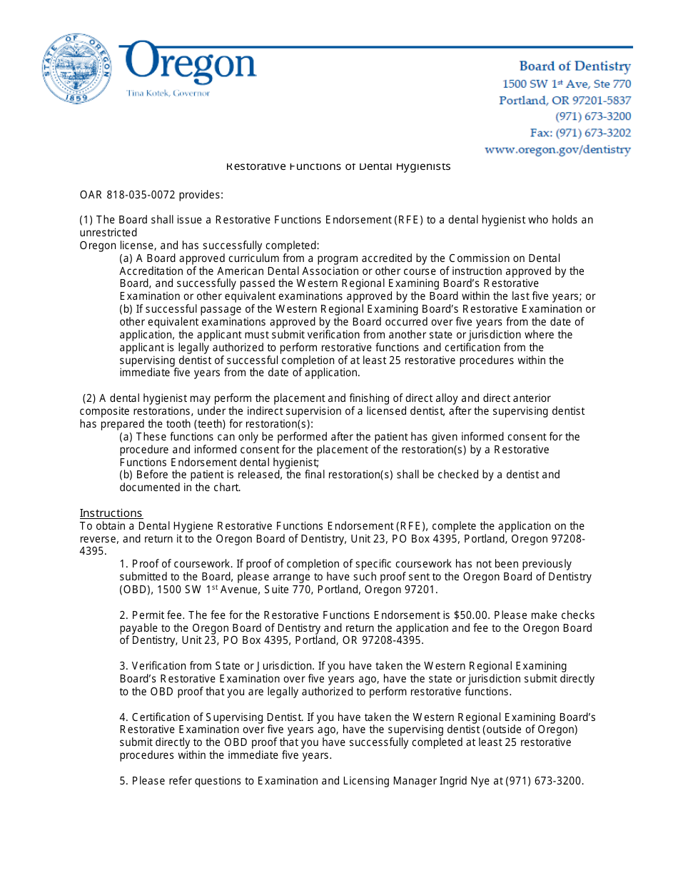Application for Dental Hygiene Restorative Functions Endorsement - Oregon, Page 2
