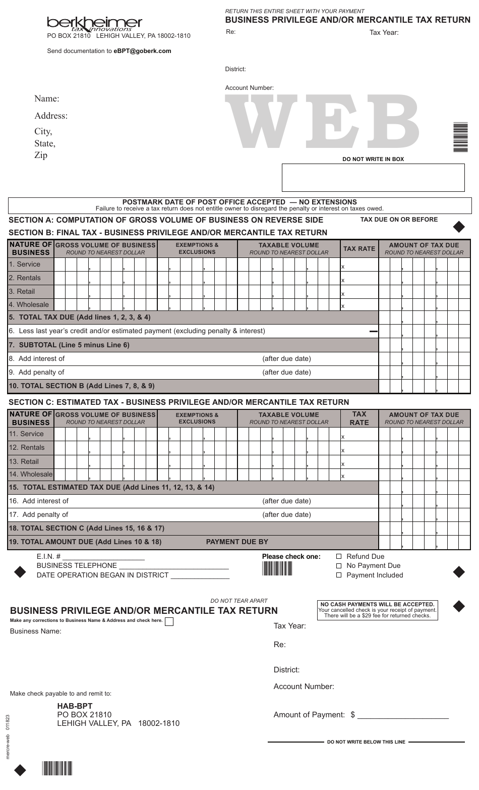 Pennsylvania Business Privilege and/or Mercantile Tax Return Fill Out