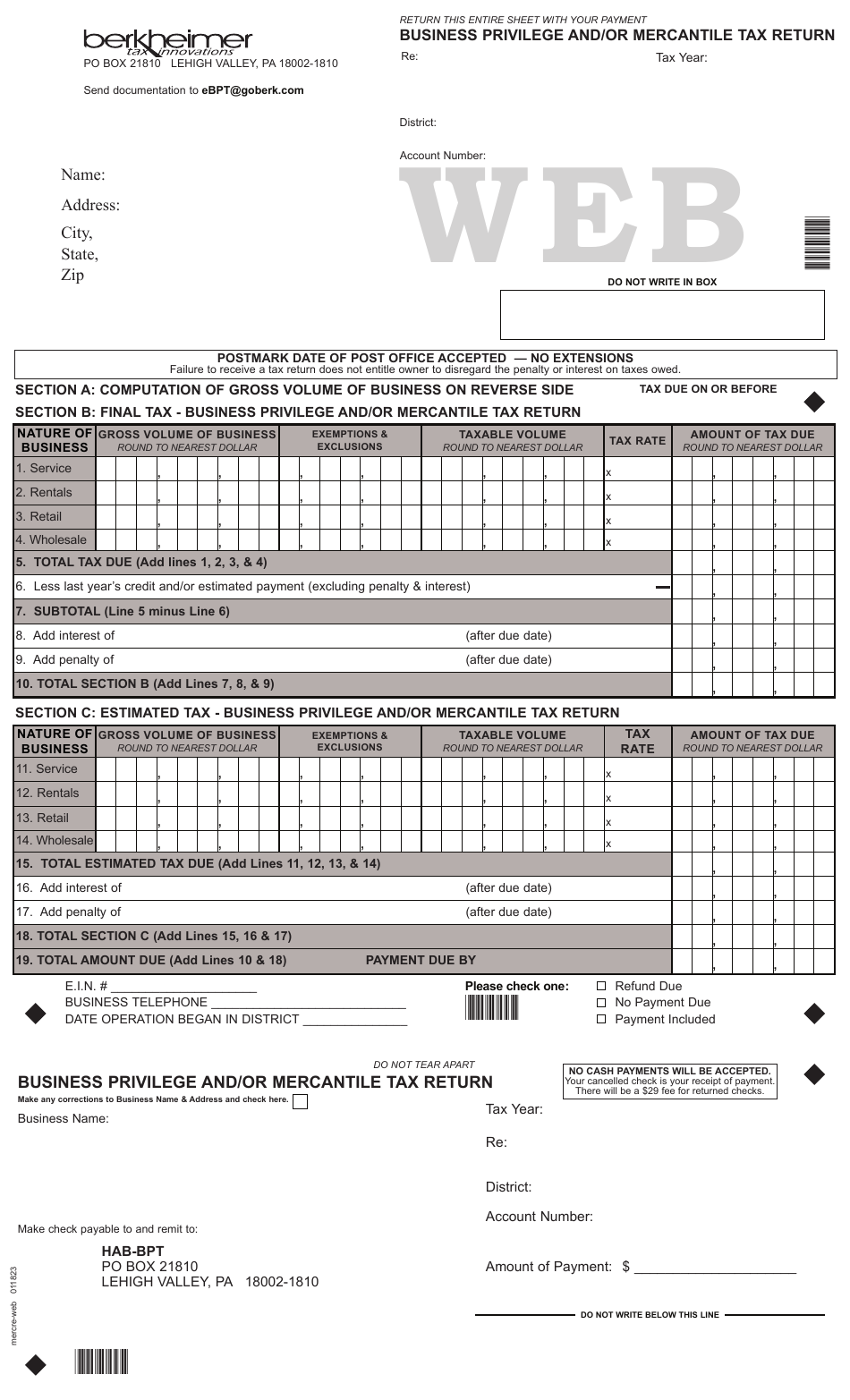 Business Privilege and / or Mercantile Tax Return - Pennsylvania, Page 1