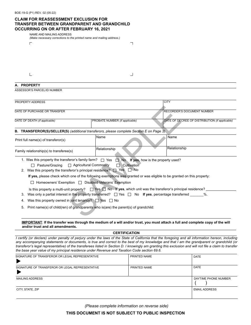 Form BOE-19-G Claim for Reassessment Exclusion for Transfer Between Grandparent and Grandchild Occurring on or After February 16, 2021 - Sample - California, Page 1