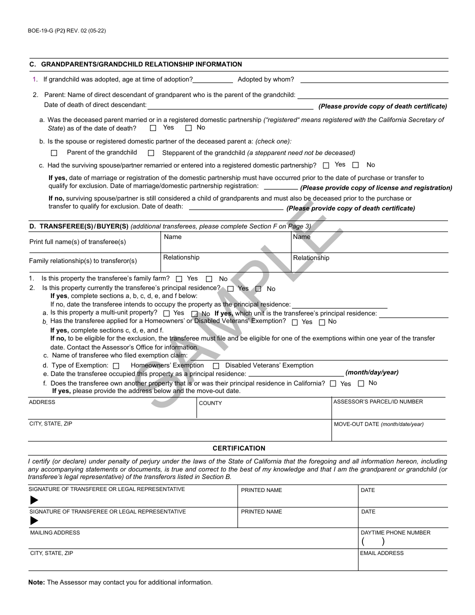 Form BOE-19-G Claim for Reassessment Exclusion for Transfer Between Grandparent and Grandchild Occurring on or After February 16, 2021 - Sample - California, Page 2