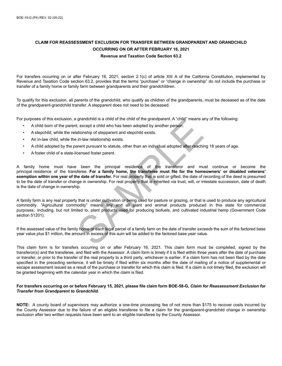 Form BOE-19-G Claim for Reassessment Exclusion for Transfer Between Grandparent and Grandchild Occurring on or After February 16, 2021 - Sample - California, Page 4