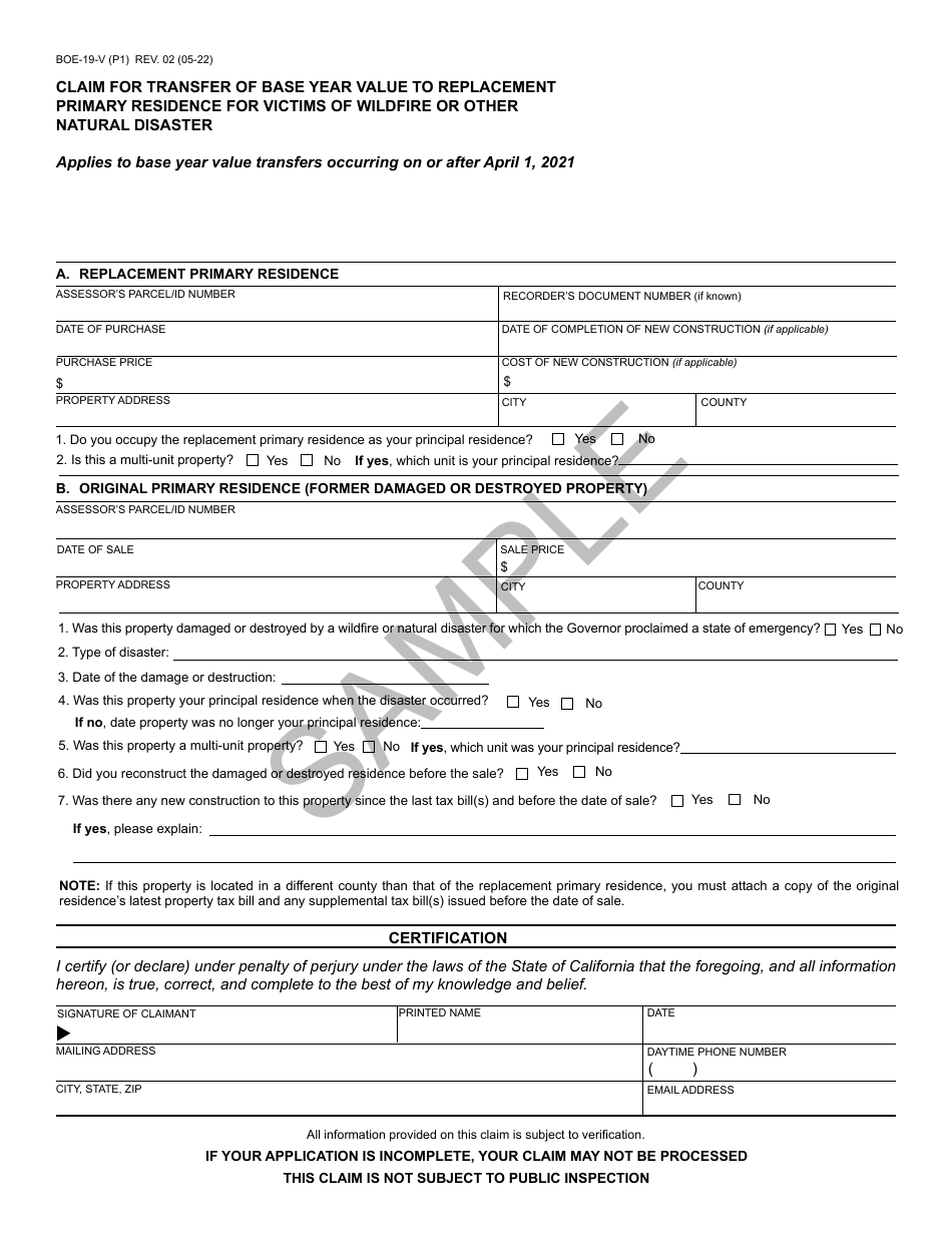 Form BOE-19-V Download Printable PDF Or Fill Online Claim For Transfer ...