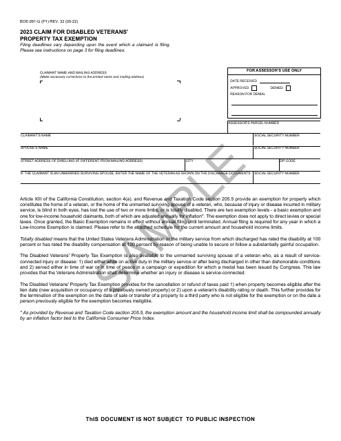Form BOE-261-G Claim for Disabled Veterans' Property Tax Exemption - Sample - California, 2023