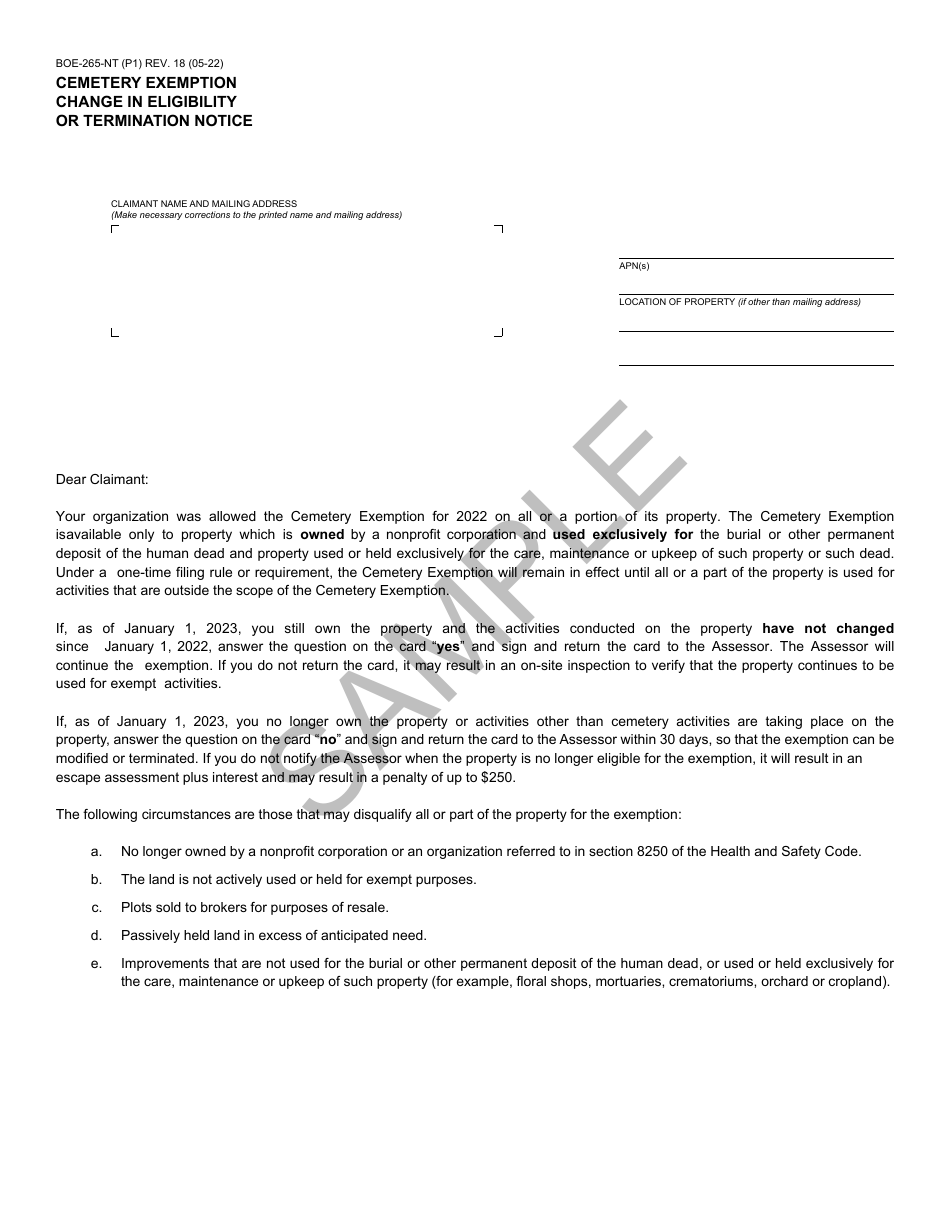 Form BOE-265-NT Cemetery Exemption Change in Eligibility or Termination Notice - Sample - California, Page 1