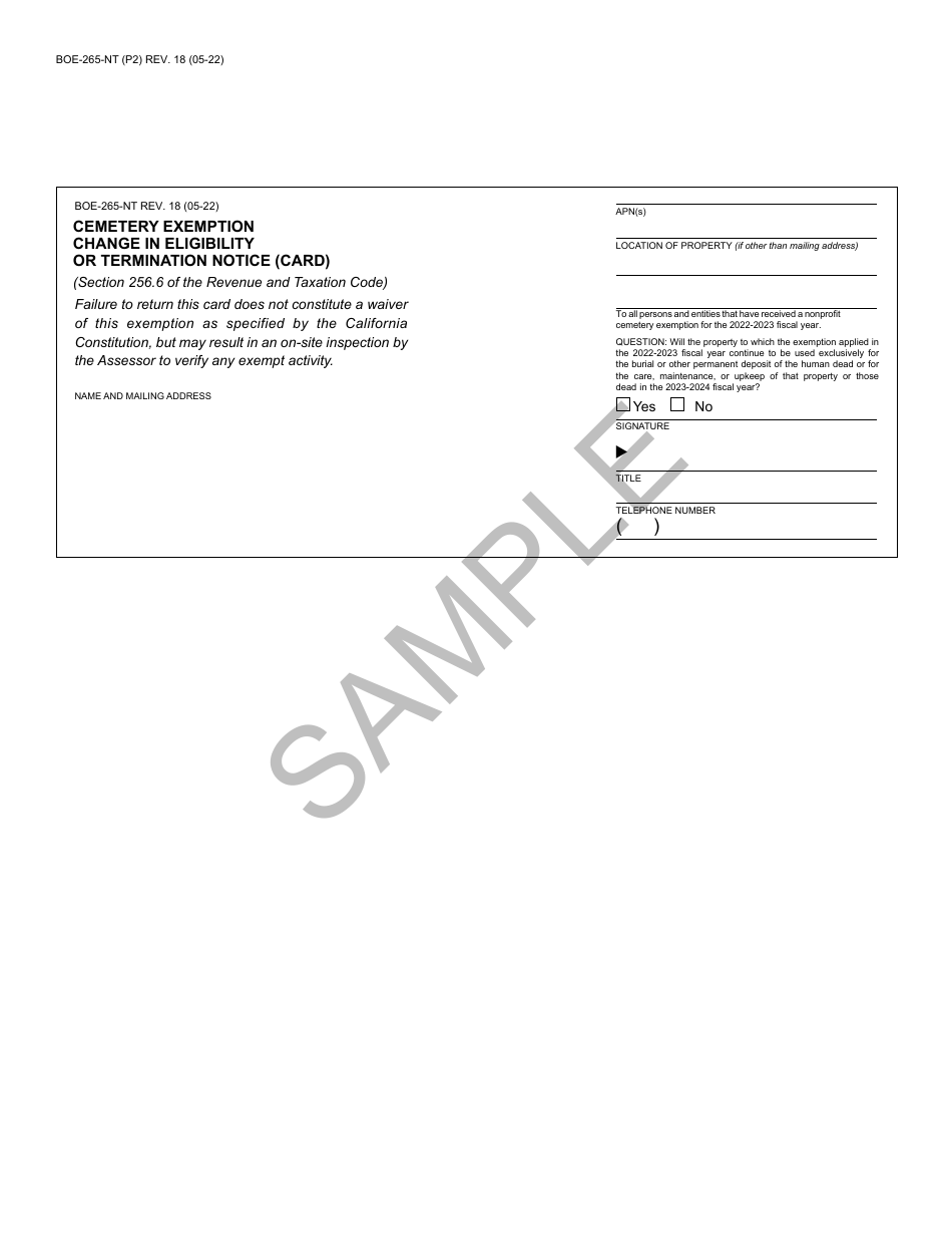 Form BOE-265-NT Cemetery Exemption Change in Eligibility or Termination Notice - Sample - California, Page 2