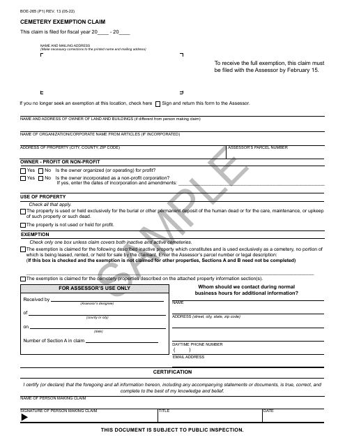 Form BOE-265 Cemetery Exemption Claim - Sample - California