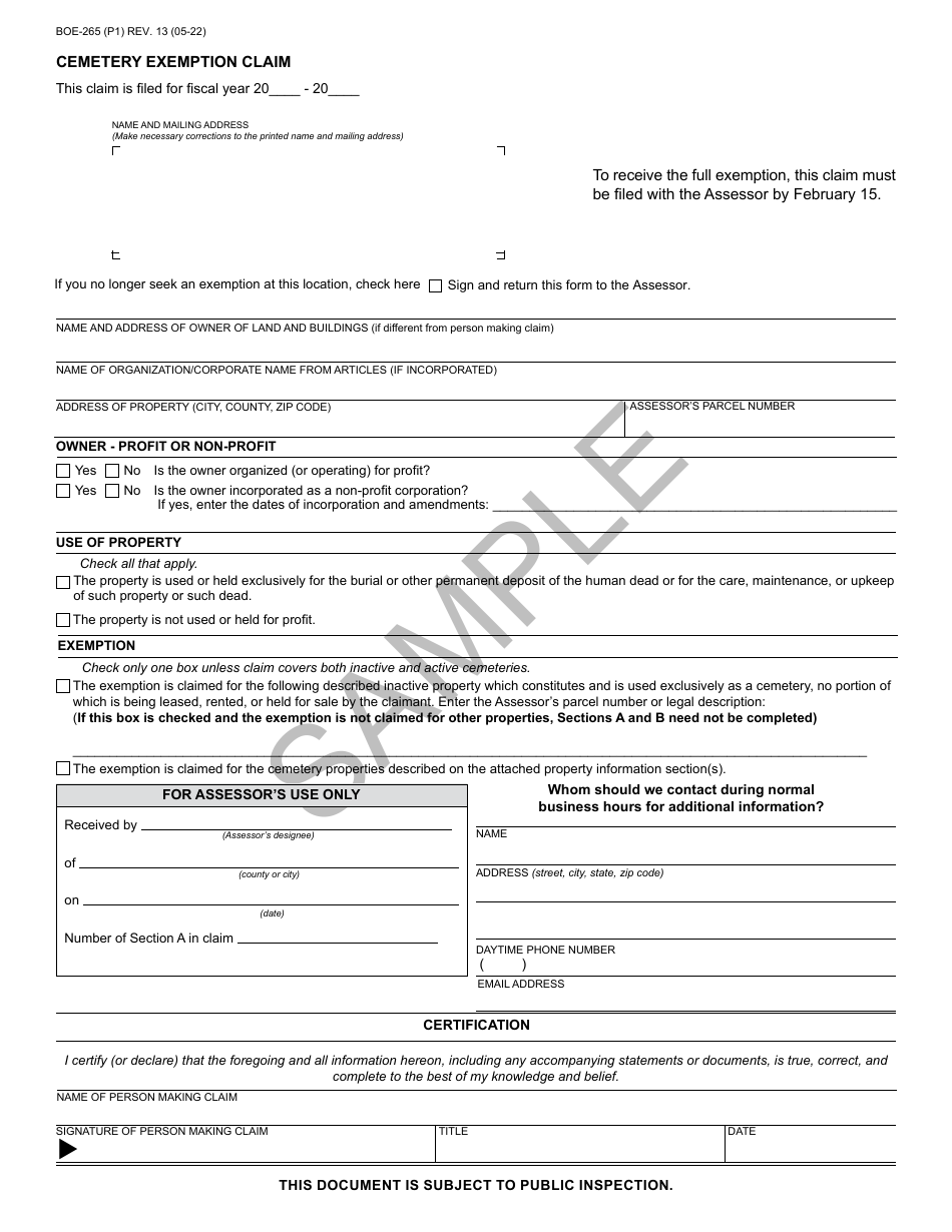 Form BOE-265 Cemetery Exemption Claim - Sample - California, Page 1