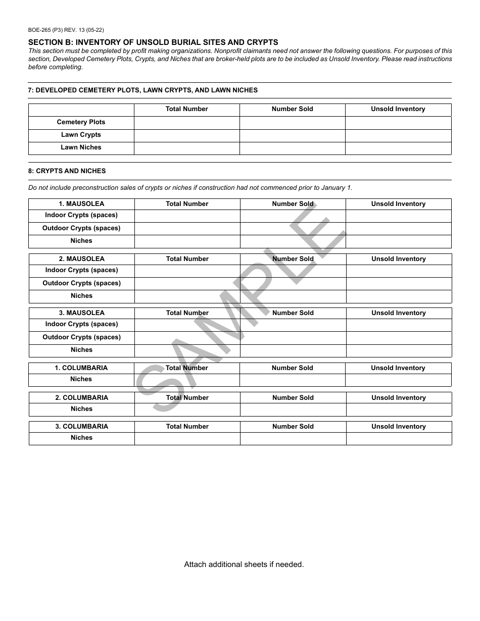 Form BOE-265 Cemetery Exemption Claim - Sample - California, Page 3