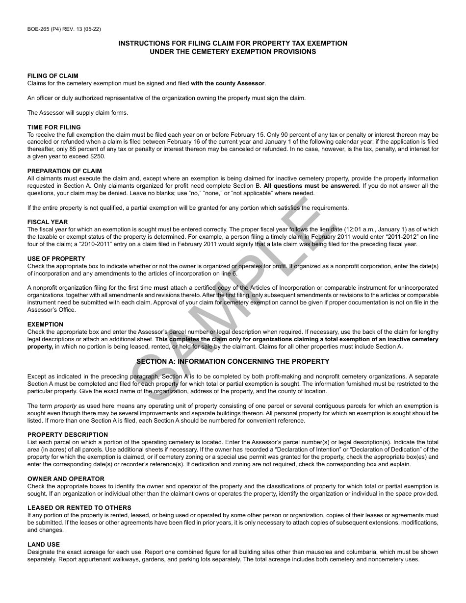 Form BOE-265 Cemetery Exemption Claim - Sample - California, Page 4