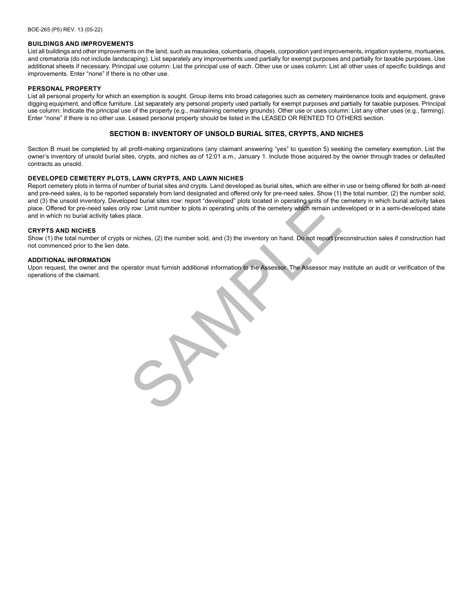 Form BOE-265 Cemetery Exemption Claim - Sample - California, Page 5