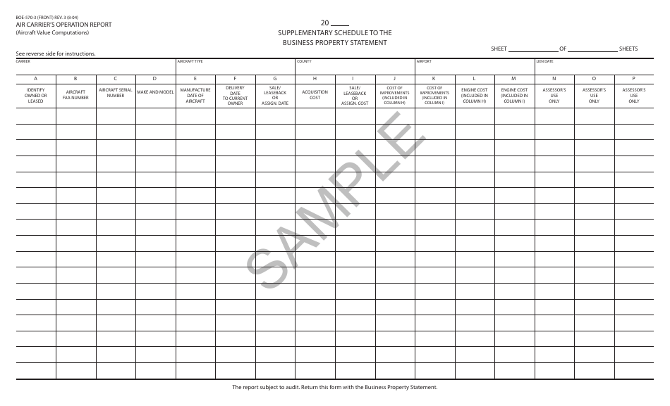 California Air Carrier's Operation Report (Aircraft Value Computations