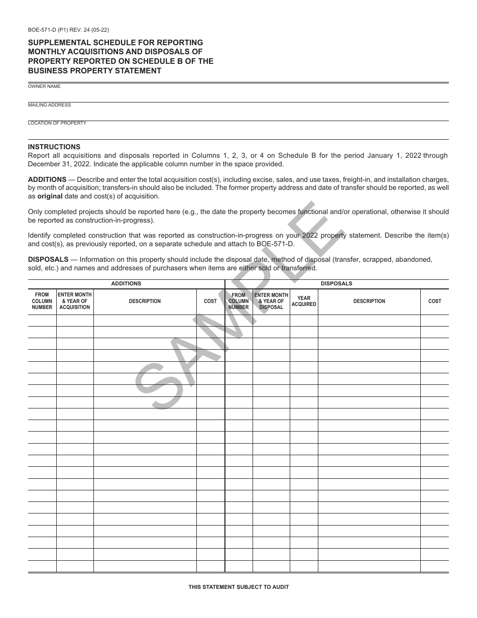 Form BOE-571-D Supplemental Schedule for Reporting Monthly Acquisitions and Disposals of Property Reported on Schedule B of the Business Property Statement - Sample - California, Page 1