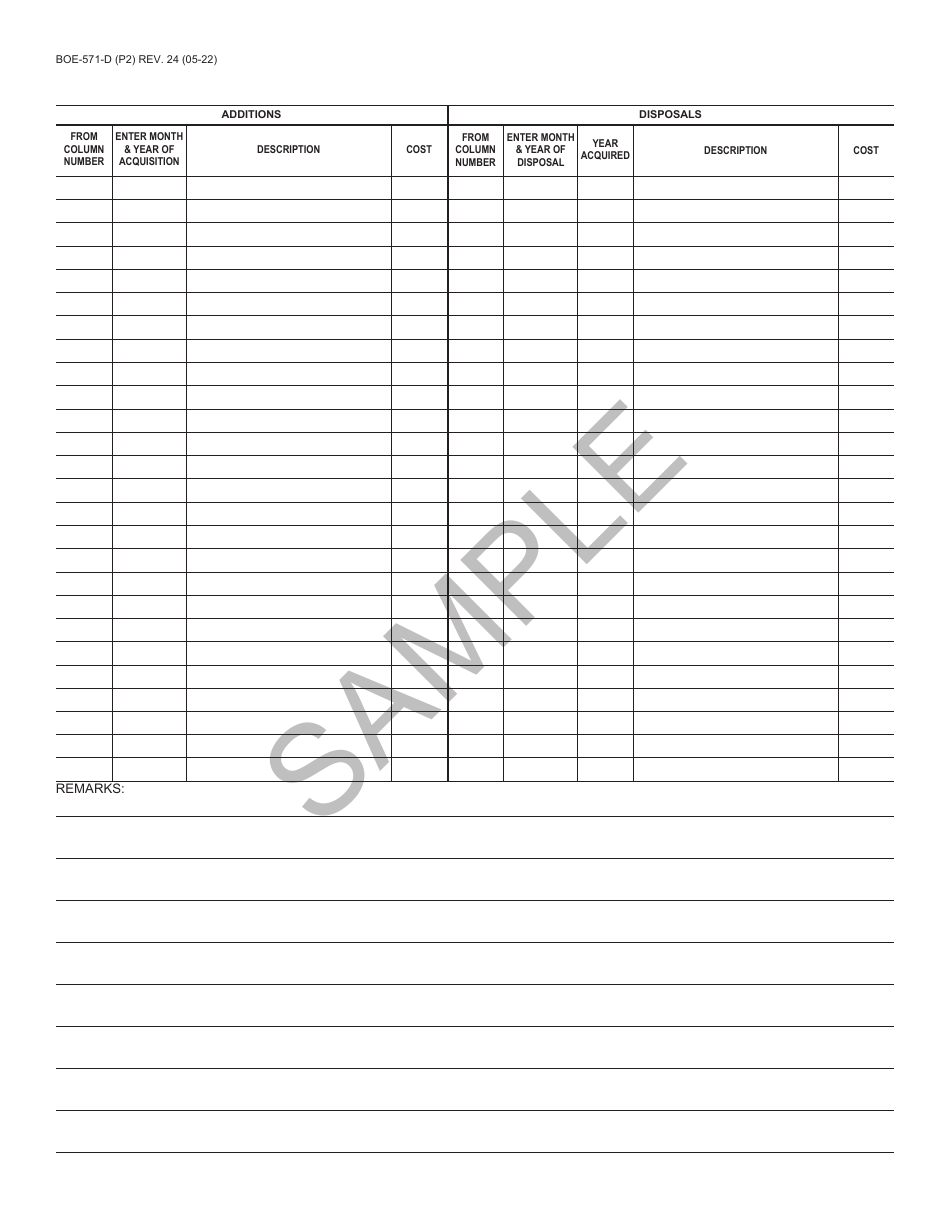 Form BOE-571-D Supplemental Schedule for Reporting Monthly Acquisitions and Disposals of Property Reported on Schedule B of the Business Property Statement - Sample - California, Page 2