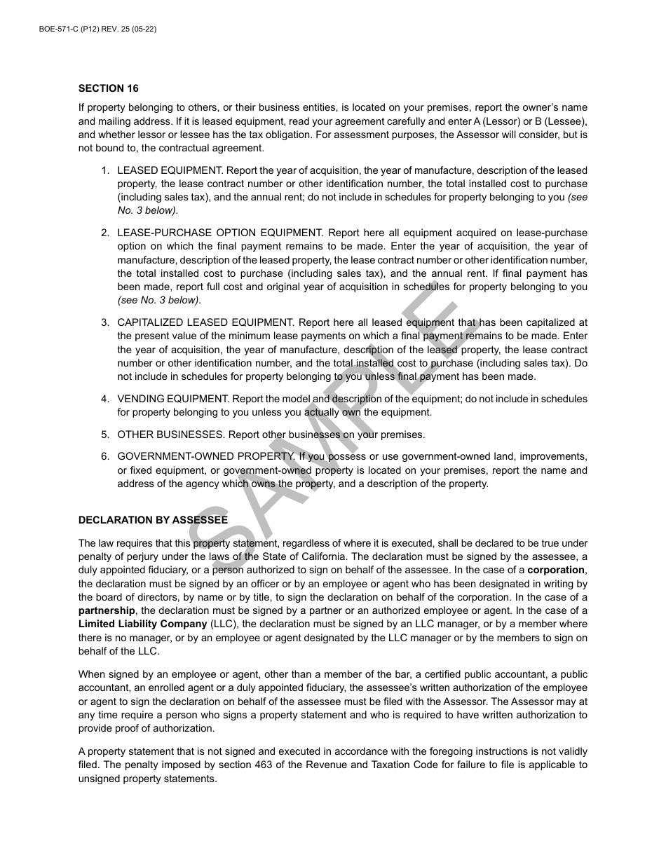 Form BOE-571-C Power Plant Property Statement - Sample - California, Page 12