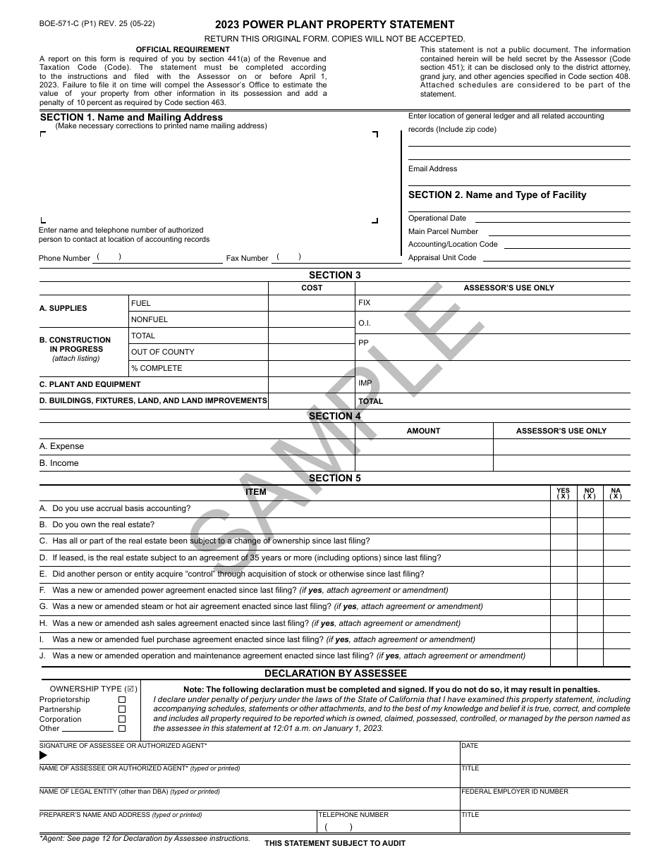 Form BOE-571-C Power Plant Property Statement - Sample - California, Page 1