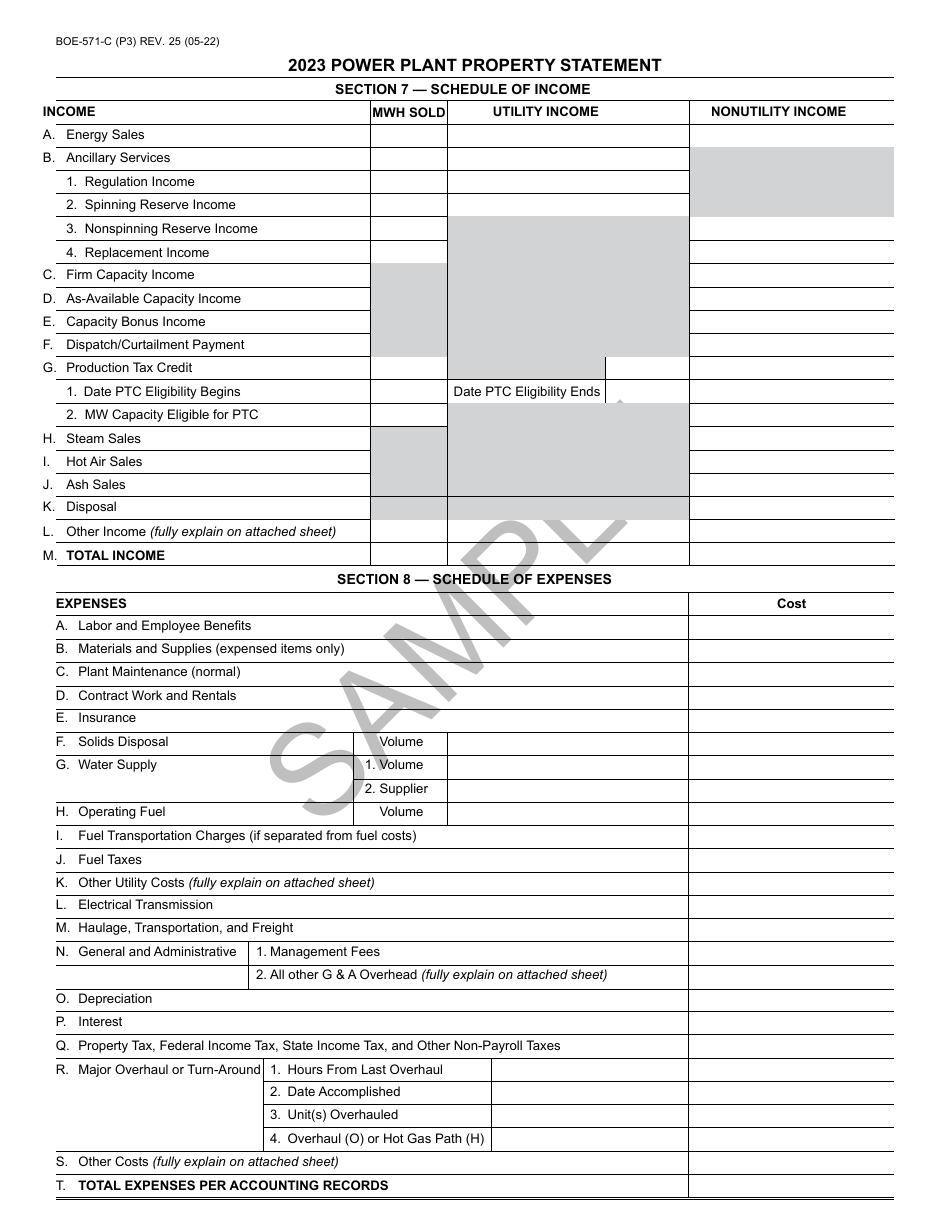 Form BOE-571-C Power Plant Property Statement - Sample - California, Page 3