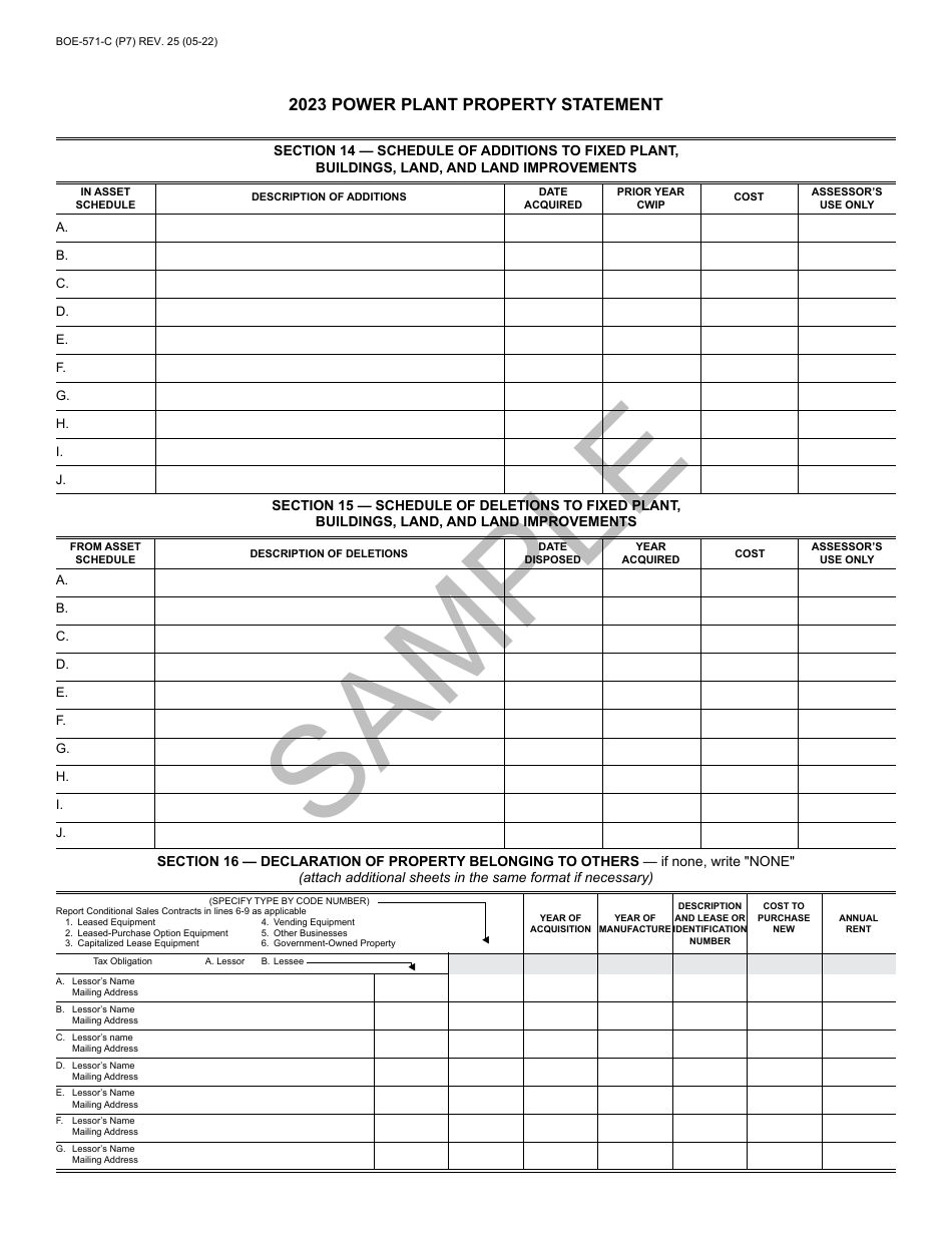 Form BOE-571-C Power Plant Property Statement - Sample - California, Page 7