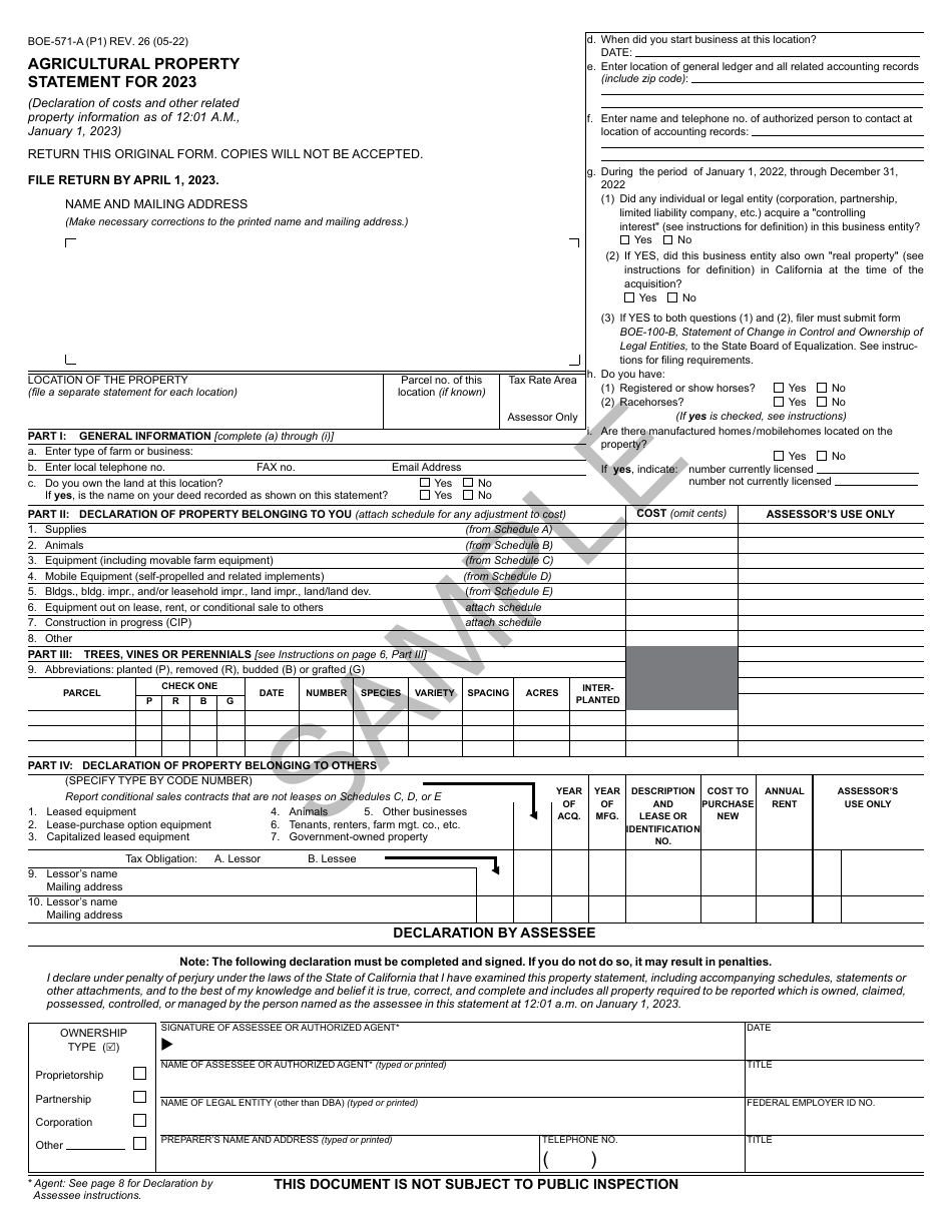 Form BOE-571-A Agricultural Property Statement - Sample - California, Page 1