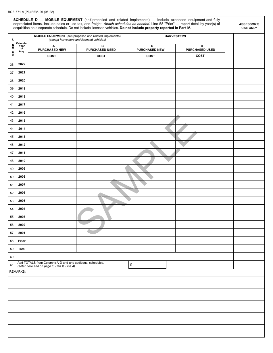 Form BOE-571-A Agricultural Property Statement - Sample - California, Page 3