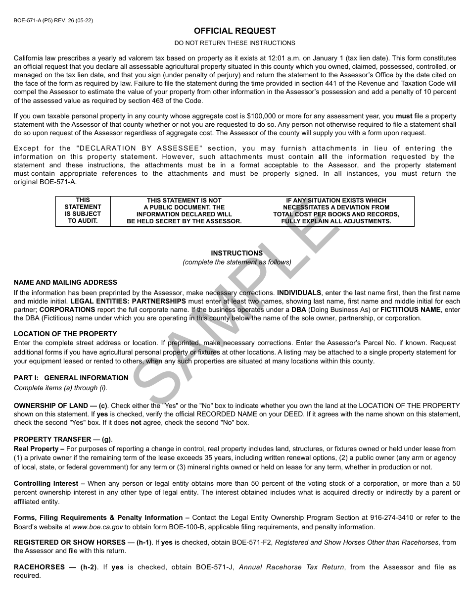Form BOE-571-A Agricultural Property Statement - Sample - California, Page 5