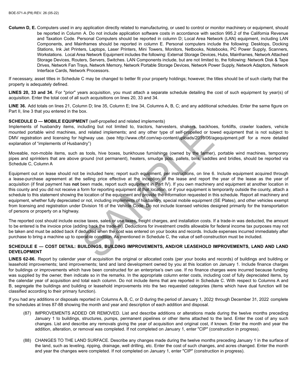 Form BOE-571-A Agricultural Property Statement - Sample - California, Page 8