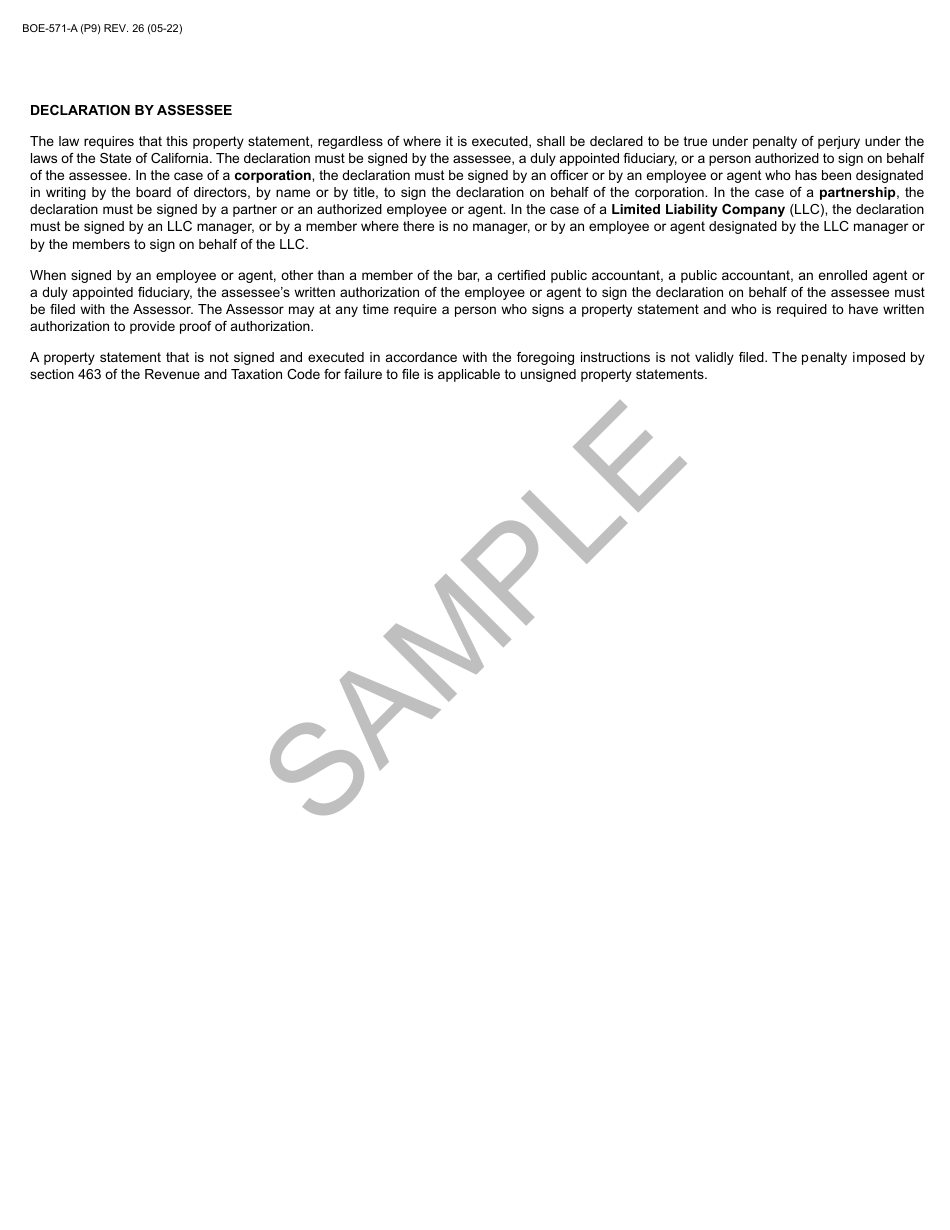 Form BOE-571-A Agricultural Property Statement - Sample - California, Page 9