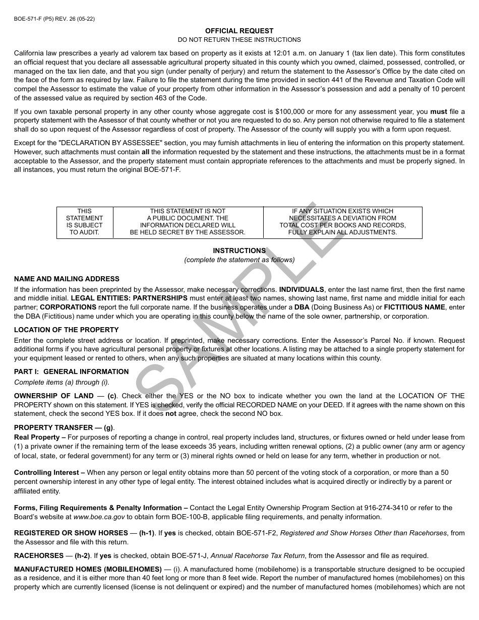 Form BOE-571-F Agricultural Property Statement - Sample - California, Page 5
