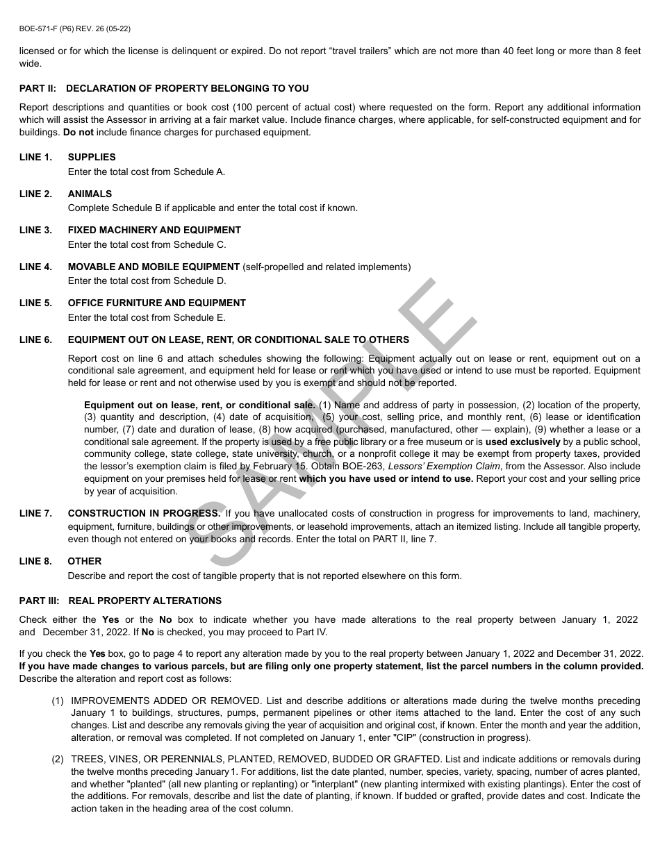 Form BOE-571-F Agricultural Property Statement - Sample - California, Page 6